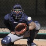 
              Milwaukee Brewers catcher William Contreras catches during a spring training baseball workout Thursday, Feb. 16, 2023, in Phoenix. (AP Photo/Morry Gash)
            