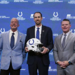 
              Shane Steichen, middle, Indianapolis Colts owner Jim Irsay, left, and Colts general manager Chris Ballard, pose for a photo following a news conference, Tuesday, Feb. 14, 2023, in Indianapolis. Steichen was introduced as the Colts new head coach. (AP Photo/Darron Cummings)
            