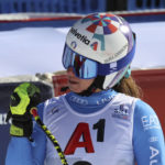 
              Italy's Marta Bassino celebrates at the finish area of an alpine ski, women's World Championships super G, in Meribel, France, Wednesday, Feb. 8, 2023. (AP Photo/Marco Trovati)
            