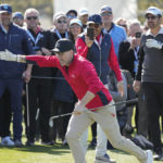 
              Bobby Bones reacts after a tee shot as Josh Duhamel, left, and Ray Romano, right, look on during the celebrity challenge event of the AT&T Pebble Beach Pro-Am golf tournament in Pebble Beach, Calif., Wednesday, Feb. 1, 2023. (AP Photo/Eric Risberg)
            