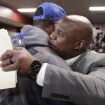 
              Eric Bieniemy, right, hugs Washington Commanders wide receiver Terry McLaurin after being introduced as the new offensive coordinator and assistant head coach of the Commanders, after an NFL football press conference in Ashburn, Va., Thursday, Feb. 23, 2023. (AP Photo/Luis M. Alvarez)
            