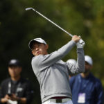 
              Collin Morikawa hits from the sixth tee during the second round of the Genesis Invitational golf tournament at Riviera Country Club, Friday, Feb. 17, 2023, in the Pacific Palisades area of Los Angeles. (AP Photo/Ryan Kang)
            