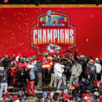 
              Kansas City Chiefs players celebrate during the Chiefs' victory celebration and parade in Kansas City, Mo., Wednesday, Feb. 15, 2023. The Chiefs defeated the Philadelphia Eagles Sunday in the NFL Super Bowl 57 football game. (AP Photo/Reed Hoffmann)
            