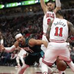 
              Portland Trail Blazers guard Josh Hart, left, loses the ball to Chicago Bulls forward DeMar DeRozan, right, during the first half of an NBA basketball game Saturday, Feb. 4, 2023, in Chicago. (AP Photo/Erin Hooley)
            