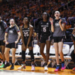 
              The South Carolina bench reacts after a play during the second half of an NCAA college basketball game against Tennessee, Thursday, Feb. 23, 2023, in Knoxville, Tenn. (AP Photo/Wade Payne)
            