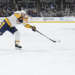 
              Nashville Predators right wing Nino Niederreiter shoots and scores against the San Jose Sharks during the first period of an NHL hockey game Thursday, Feb. 23, 2023, in San Jose, Calif. (AP Photo/Darren Yamashita)
            