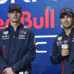 
              Red Bull Racing drivers Max Verstappen, left, and Sergio Perez participate in an Oracle Red Bull Racing event in New York, Friday, Feb. 3, 2023. Ford will return to Formula One as the engine provider for Red Bull Racing in a partnership announced Friday that begins with immediate technical support this season and engines in 2026. (AP Photo/Seth Wenig)
            