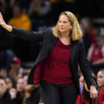 Maryland head coach Brenda Frese directs her team during the first half of an NCAA college basketball game against Iowa, Thursday, Feb. 2, 2023, in Iowa City, Iowa. (AP Photo/Charlie Neibergall)