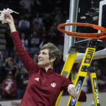 Indiana head coach Teri Moren reacts after her team defeated Purdue in an NCAA college basketball game, Sunday, Feb. 19, 2023, in Bloomington, Ind. (AP Photo/Darron Cummings)