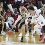 
              Indiana's Jalen Hood-Schifino (1) makes a steal against Purdue's Braden Smith, front left, during the second of an NCAA college basketball game, Saturday, Feb. 4, 2023, in Bloomington, Ind. (AP Photo/Darron Cummings)
            