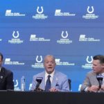 
              Indianapolis Colts owner Jim Irsay, middle, speaks as Shane Steichen, left, and Indianapolis Colts General Manager Chris Ballard, listen during a news conference, Tuesday, Feb. 14, 2023, in Indianapolis. Steichen was introduced as the Colts new head coach. (AP Photo/Darron Cummings)
            
