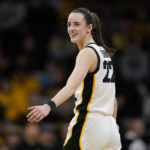 
              Iowa guard Caitlin Clark reacts during the second half of an NCAA college basketball game against Maryland, Thursday, Feb. 2, 2023, in Iowa City, Iowa. Iowa won 96-82. (AP Photo/Charlie Neibergall)
            