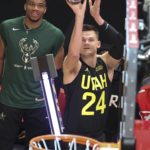 
              Walker Kessler of the Utah Jazz shoots during the skills challenge of the NBA basketball All-Star weekend Saturday, Feb. 18, 2023, in Salt Lake City. (AP Photo/Rob Gray)
            