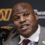 
              Eric Bieniemy talks after be introduced as the new offensive coordinator and assistant head coach of the Washington Commanders during an NFL football press conference in Ashburn, Va., Thursday, Feb. 23, 2023. (AP Photo/Luis M. Alvarez)
            
