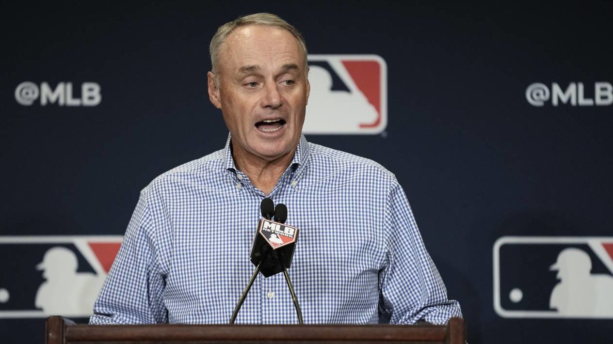 Major League Baseball Commissioner Robert Dean Manfred Jr. answers questions at spring training med...