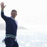Justin Rose, of England, reacts after making a par putt on the 18th green of the Pebble Beach Golf Links to win the AT&T Pebble Beach Pro-Am golf tournament in Pebble Beach, Calif., Monday, Feb. 6, 2023. (AP Photo/Godofredo A. Vásquez)