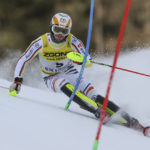 Germany's Linus Strasser speeds down the course during the men's World Championship slalom, in Courchevel, France, Sunday Feb. 19, 2023. (AP Photo/Alessandro Trovati)