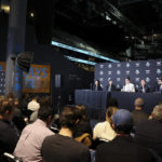 New York Liberty forward Breanna Stewart and guard Courtney Vandersloot participate in a WNBA basketball news conference, Thursday, Feb. 9, 2023, in New York. (AP Photo/Jessie Alcheh)