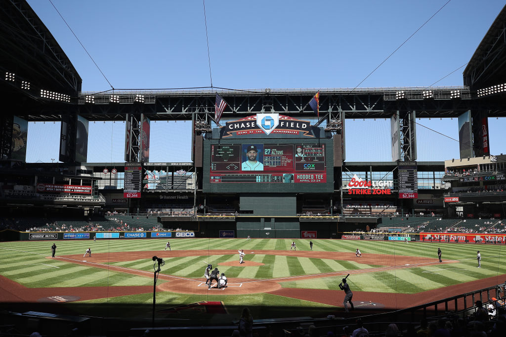 General view of action as starting pitcher Merrill Kelly #29 of the Arizona Diamondbacks pitches ag...