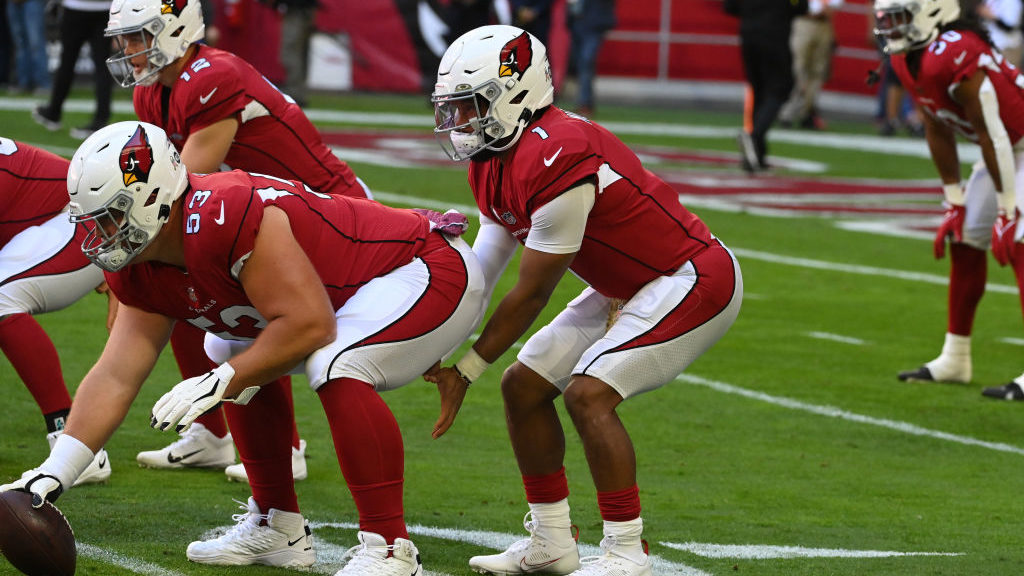 Kyler Murray #1 and Billy Price #53 of the Arizona Cardinals prepare for a game against the Seattle...