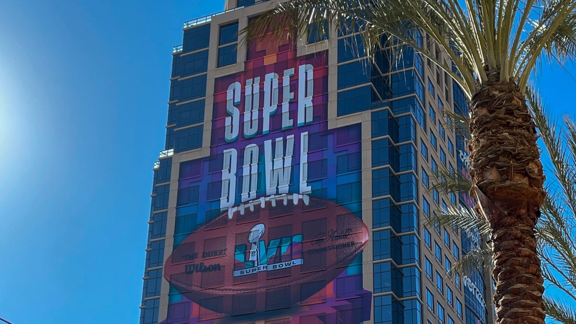 Super Bowl LVII advertising on a building in Phoenix, Arizona. (Tyler Drake/Arizona Sports)...