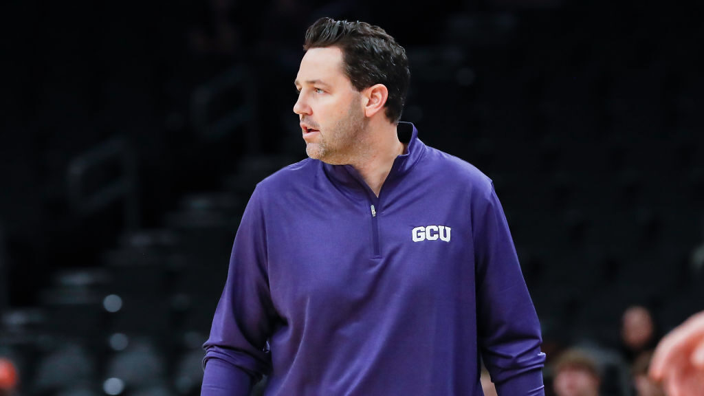 Grand Canyon Antelopes head coach Bryce Drew looks on during the college basketball game between th...