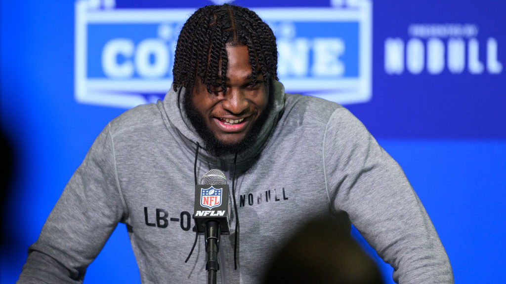 Alabama linebacker Will Anderson Jr. answers questions from the media during the NFL Scouting Combi...