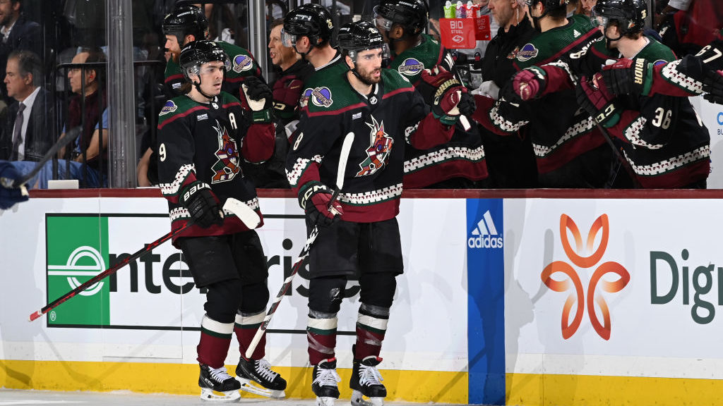 Nick Schmaltz #8 of the Arizona Coyotes celebrates with teammates on the bench after scoring a goal...