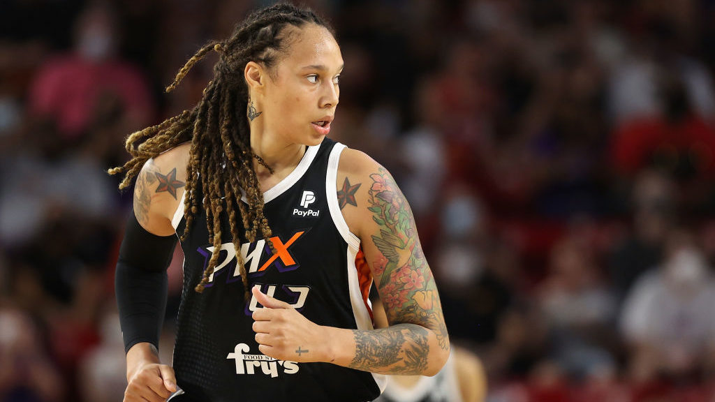 Brittney Griner #42 of the Phoenix Mercury during Game Three of the 2021 WNBA semifinals at Desert ...