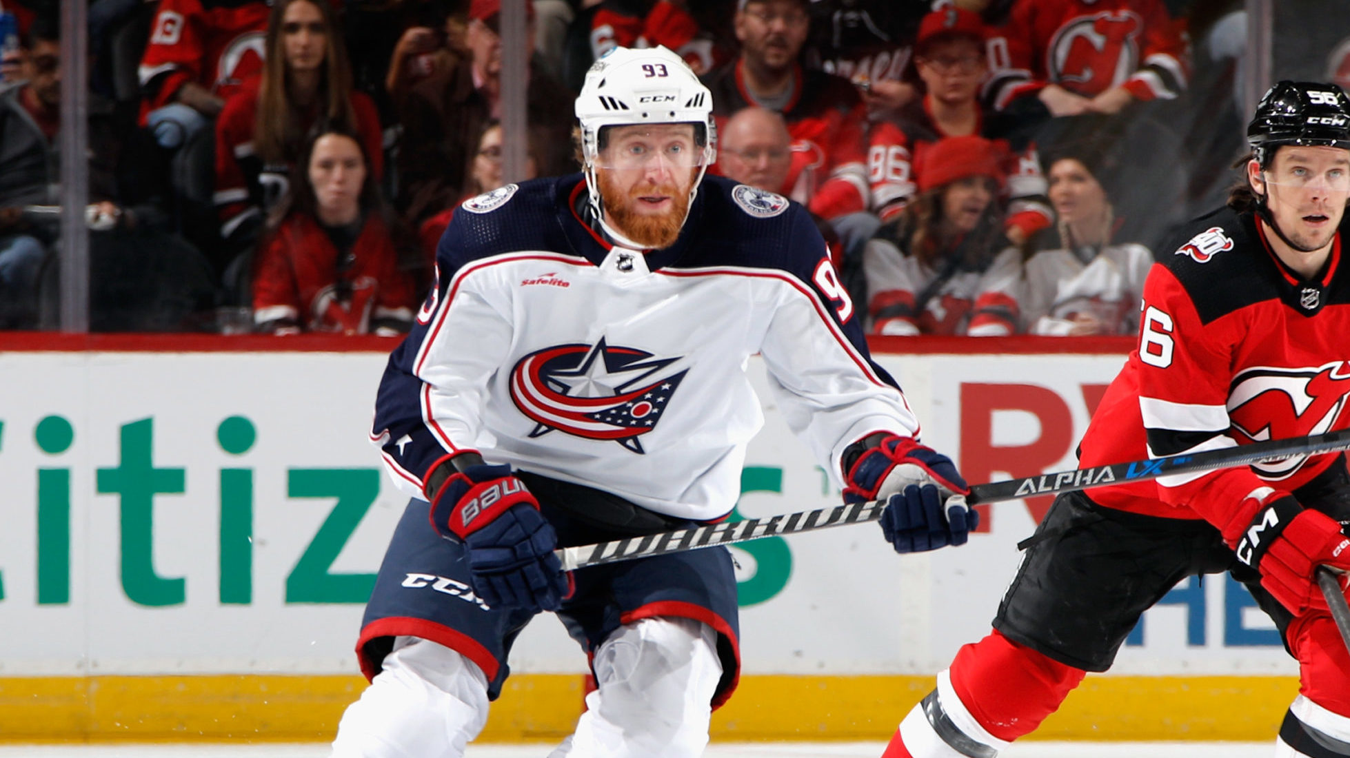 Jakub Voracek #93 of the Columbus Blue Jackets skates against the New Jersey Devils at the Prudenti...