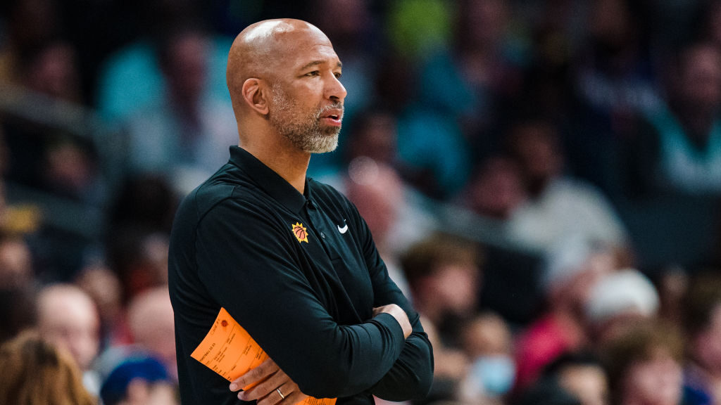 Head coach Monty Williams of the Phoenix Suns looks on in the first quarter during their game again...