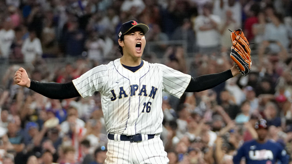 Shohei Ohtani #16 of Team Japan reacts after the final out of the World Baseball Classic Championsh...