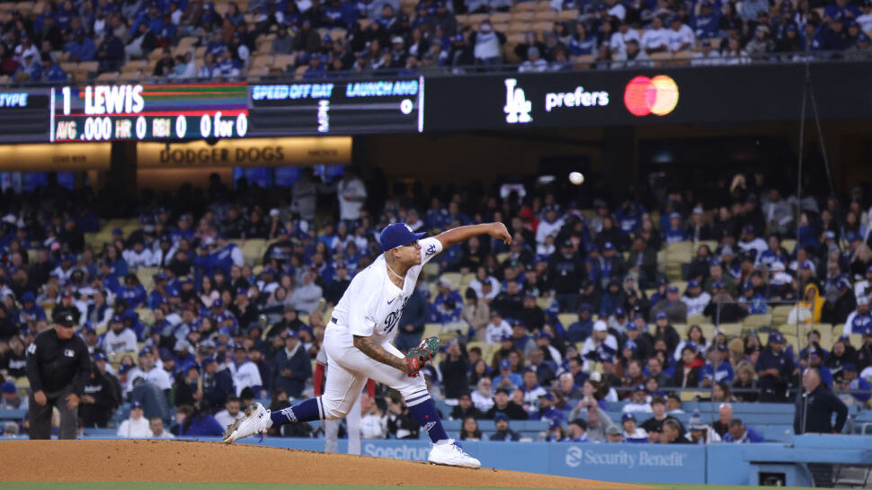 Julio Urias #7 of the Los Angeles Dodgers opening pitch against the Arizona Diamondbacks during the...