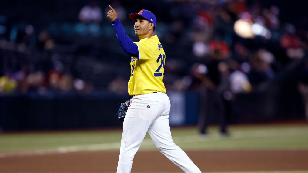 Pitcher Rio Gomez #29 of Team Colombia gestures as he leaves the game against Team Canada during th...