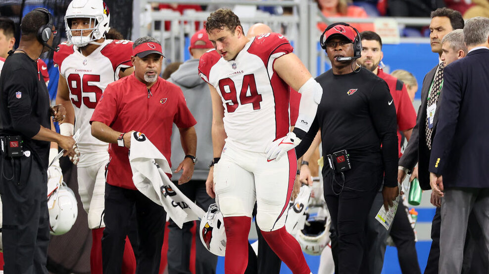 Arizona Cardinals defensive end Zach Allen (94) walks off the field after being checked for an inju...