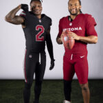 Arizona Cardinals wide receiver Marquise "Hollywood" Brown (2) and Arizona Cardinals quarterback Kyler Murray (1) pose for a photo during a photoshoot for the 2023 Arizona Cardinals Uniforms on Thursday, April 13, 2023.