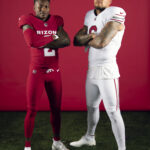 Arizona Cardinals wide receiver Marquise "Hollywood" Brown (2) and Arizona Cardinals running back James Conner (6) pose for a photo during a photoshoot for the 2023 Arizona Cardinals Uniforms on Thursday, April 13, 2023.