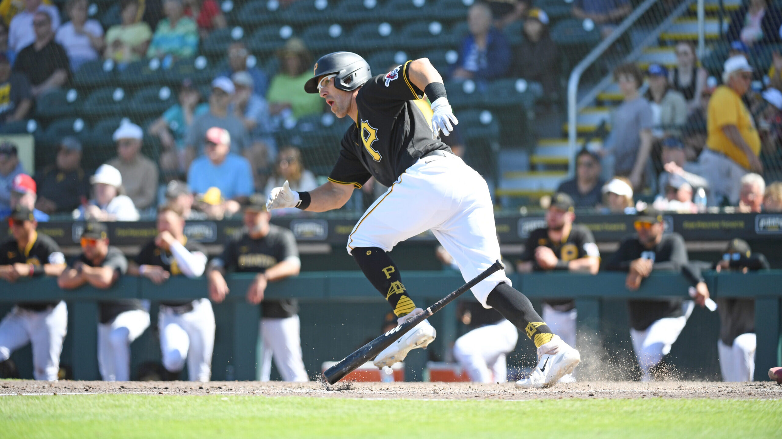 Drew Maggi #73 of the Pittsburgh Pirates runs out a single during the ninth inning of a spring trai...