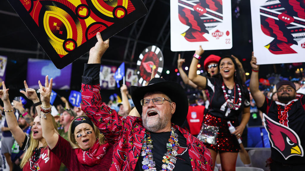 Arizona Cardinals fans cheer during round three of the 2022 NFL Draft on April 28, 2022 in Las Vega...