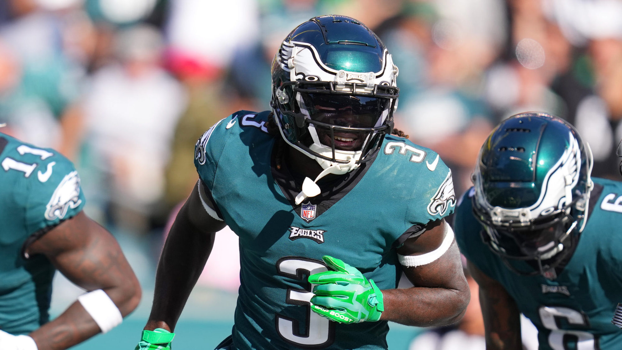 Zach Pascal #3 of the Philadelphia Eagles reacts after catching a touchdown in the third quarter of...