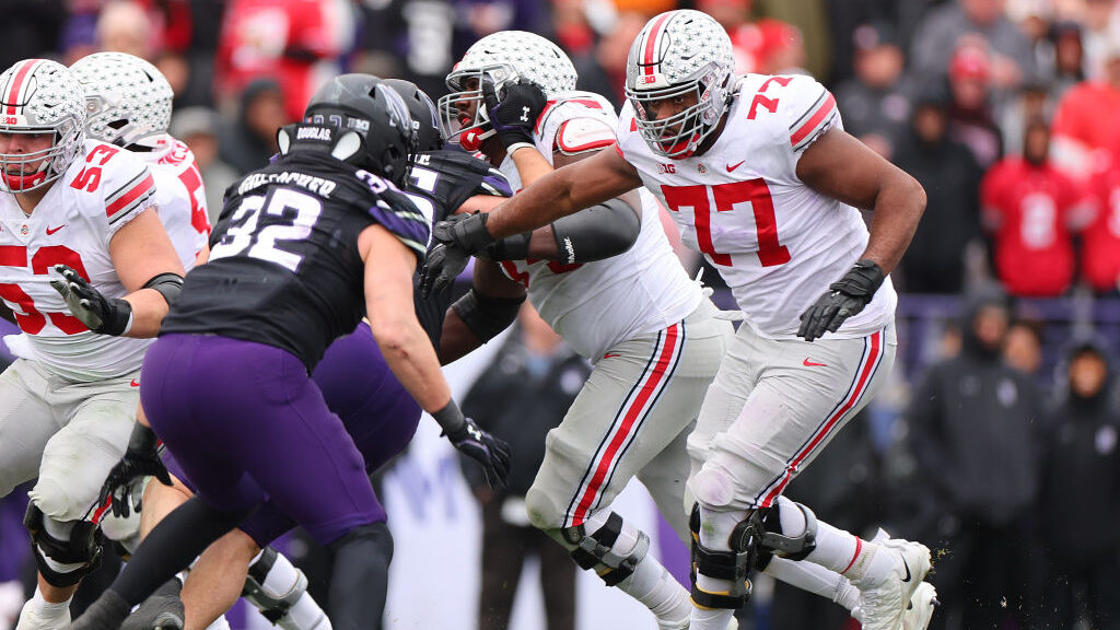 Paris Johnson Jr. #77 of the Ohio State Buckeyes in action against the Northwestern Wildcats during...