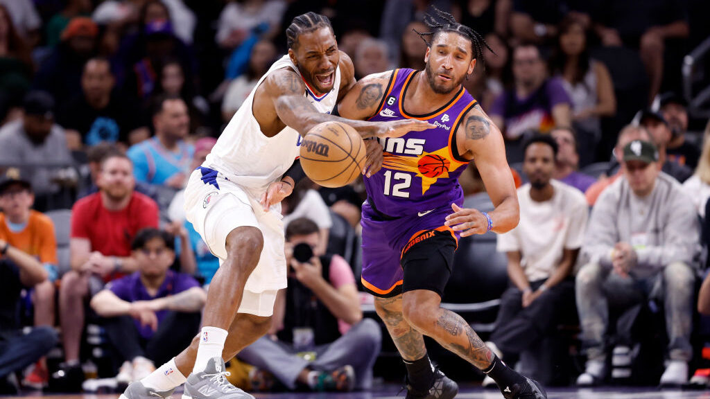 Ish Wainright #12 of the Phoenix Suns steals the ball from Kawhi Leonard #2 of the Los Angeles Clip...