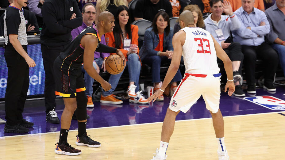 Chris Paul #3 of the Phoenix Suns handles the ball against Nicolas Batum #33 of the LA Clippers dur...