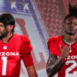 Cardinals QB Kyler Murray and WR Hollywood Brown look on during the unveiling of Arizona’s new uniforms on Thursday, April 20, 2023, in Phoenix (Tyler Drake/Arizona Sports)