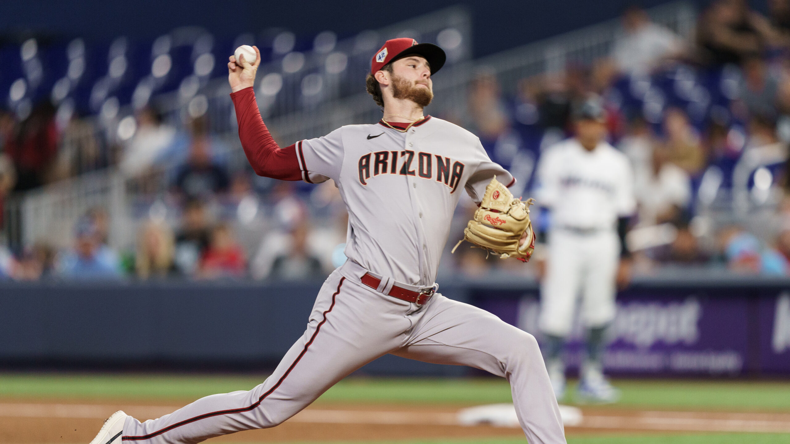 Ryne Nelson #19 of the Arizona Diamondbacks pitches during the first inning against the Miami Marli...