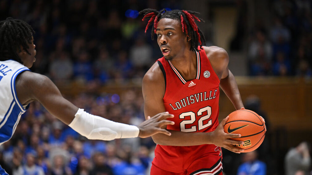 Kamari Lands #22 of the Louisville Cardinals looks on during their game against the Duke Blue Devil...