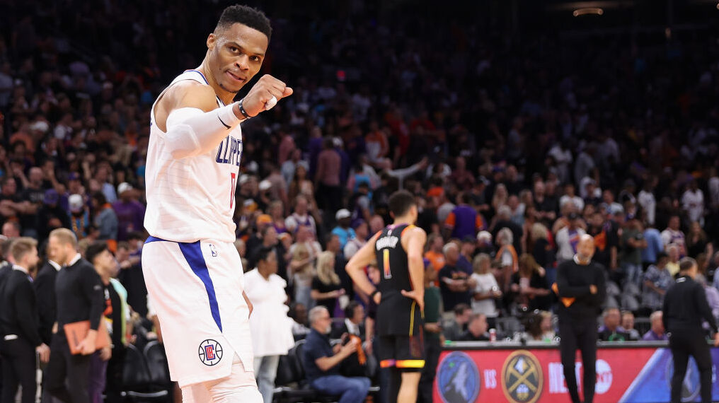 Russell Westbrook celebrates Clippers' win vs Suns...