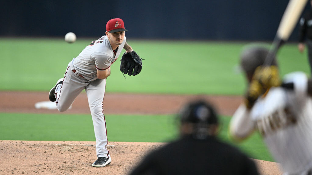 Zach Davies #27 of the Arizona Diamondbacks pitches during the first inning of a baseball game agai...