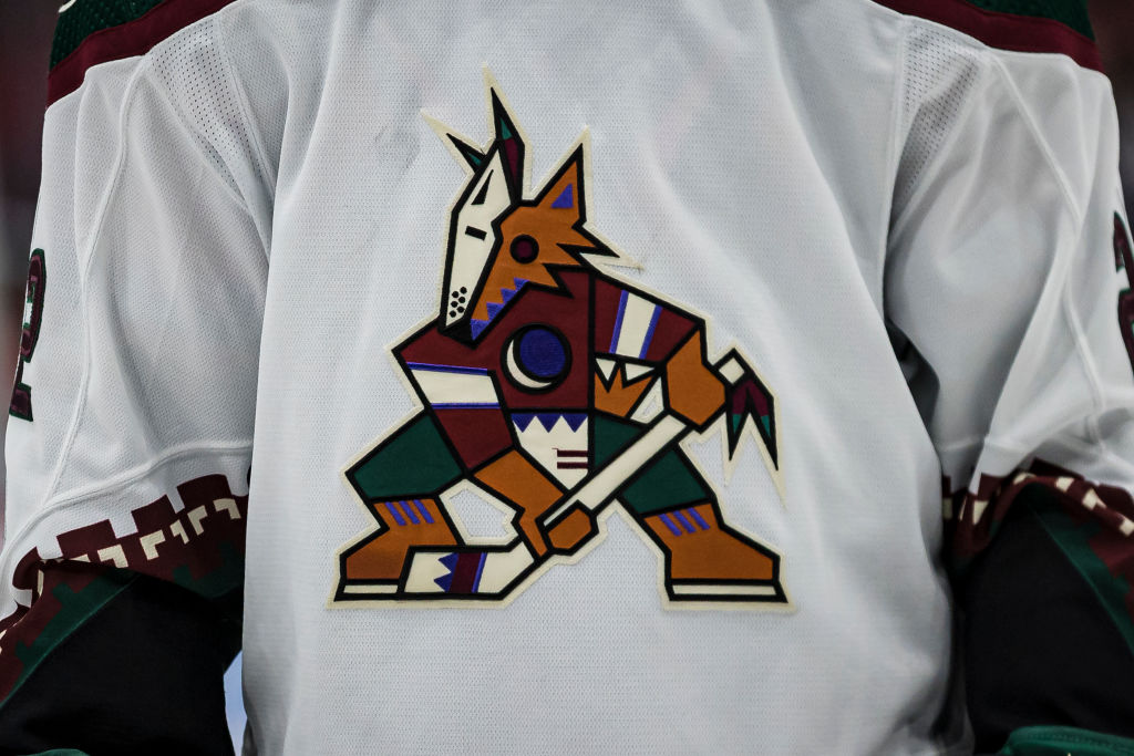 WASHINGTON, DC - OCTOBER 29: A detailed view of the Arizona Coyotes logo on the jersey worn by Joha...