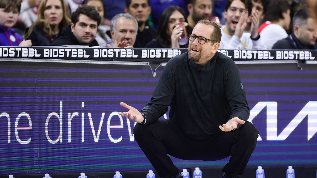 Head coach Nick Nurse of the Toronto Raptors looks on during the first quarter against the Philadel...
